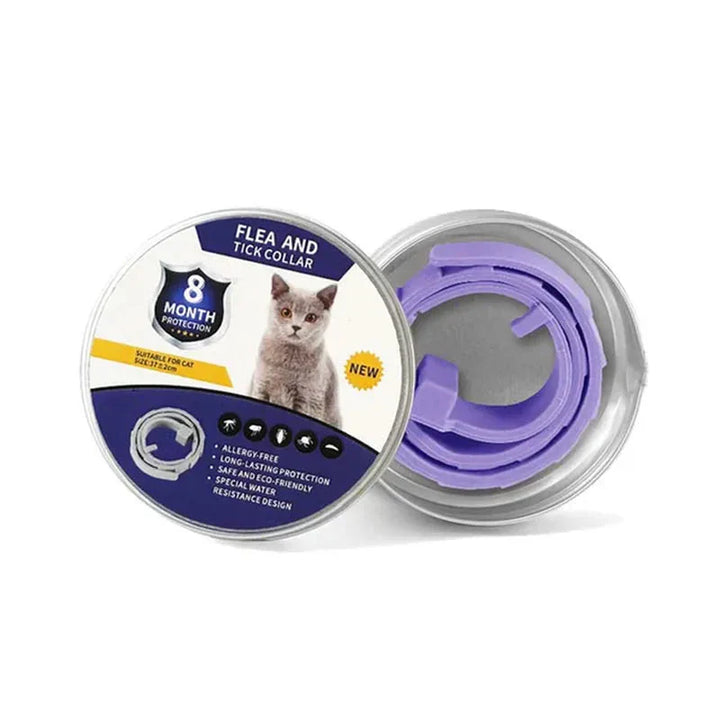 "Halsband i lila för husdjur, skyddar mot loppor och fästingar, passar både hundar och katter, 8 månaders skydd."