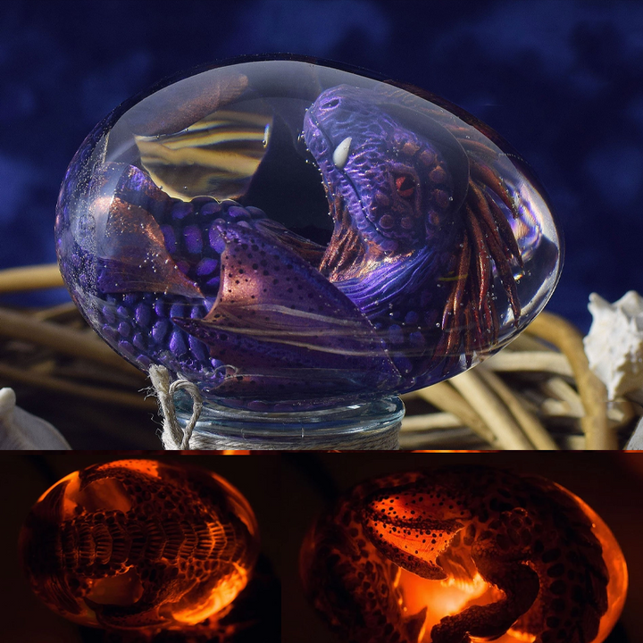 "Handgjord lavadrakäggsouvenir, unikt fantasy-design med små drakdetaljer, perfekt för skrivbordet, 8x5,5 cm."