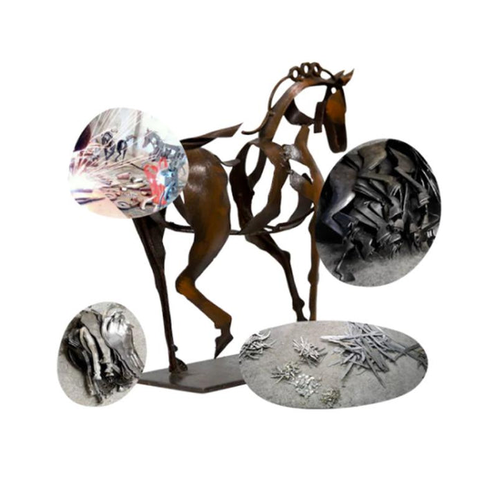 "Handgjord modern hästskulptur i metall med abstrakt design, perfekt för hemdekor, elegant och unik i varje exemplar."