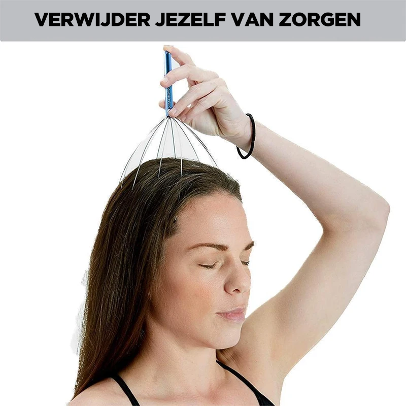 Handhållen huvudmassage, silverfärgad med kloliknande toppar, för hårstimulering och avslappning. Perfekt för välbefinnande.