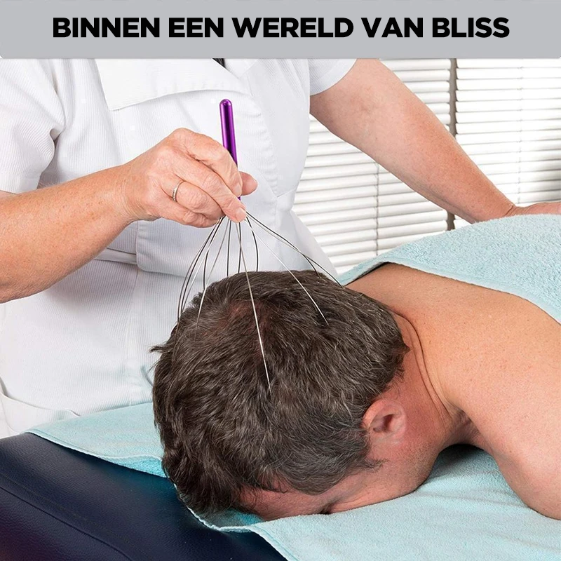 Handhållen huvudmassage, silverfärgad med kloliknande toppar, för hårstimulering och avslappning. Perfekt för välbefinnande.