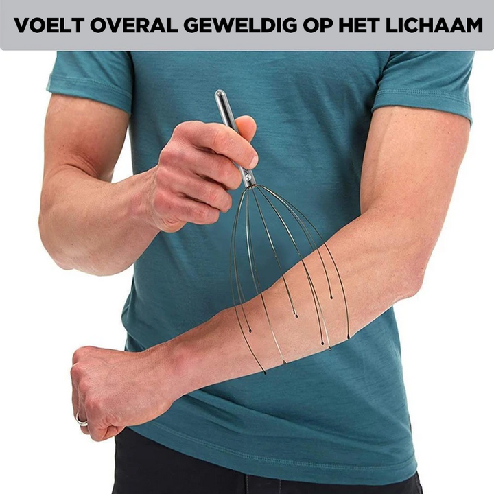 Handhållen huvudmassage, silverfärgad med kloliknande toppar, för hårstimulering och avslappning. Perfekt för välbefinnande.