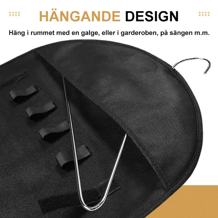 "Hängande transparent smyckesorganisatör med fickor och krokar, idealisk för organiserad smyckesförvaring för kvinnor."