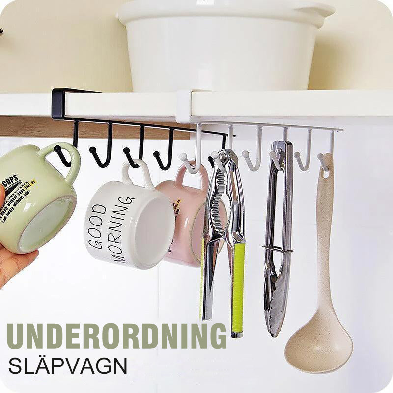 "Hängare för kökshylla i metall med 6 krokar, stilren och platsbesparande för köksredskap, svart och elegant design."