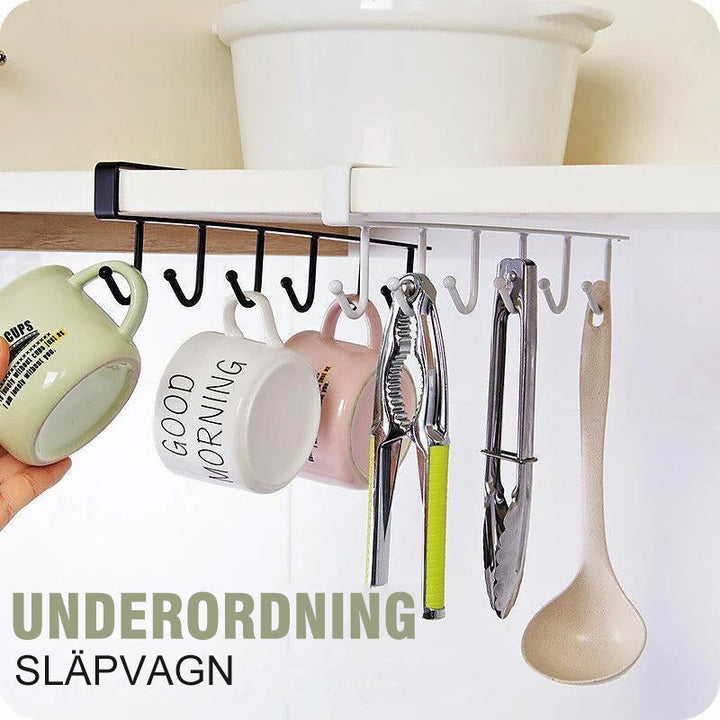"Hängare för kökshylla i metall med 6 krokar, stilren och platsbesparande för köksredskap, svart och elegant design."