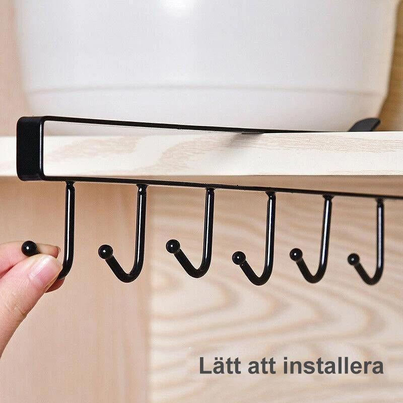 "Hängare för kökshylla i metall med 6 krokar, stilren och platsbesparande för köksredskap, svart och elegant design."