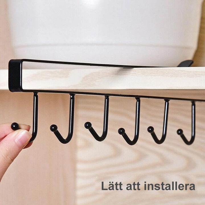 "Hängare för kökshylla i metall med 6 krokar, stilren och platsbesparande för köksredskap, svart och elegant design."