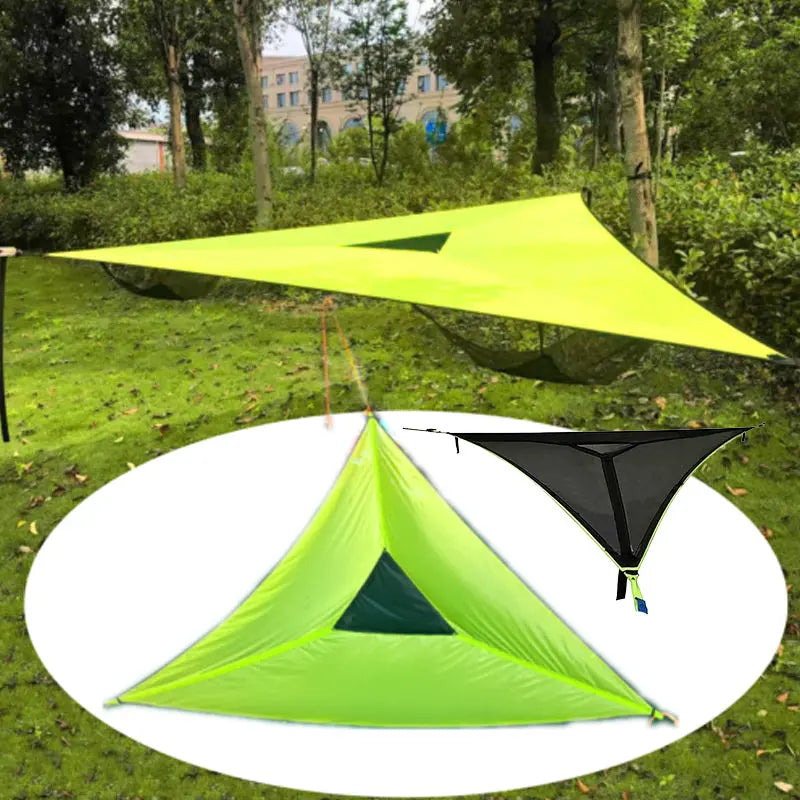 "Hängmatta för flera personer, grön och svart, rymlig och stark design, idealisk för camping och familjeanvändning."