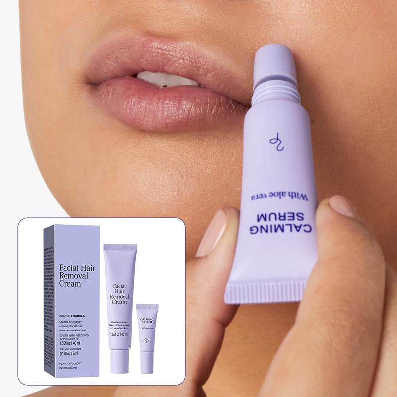 "Hårborttagningskräm Essence: Vit tub, skonsam, smärtfri hårborttagning, känslig hud, naturliga extrakt för len hud."