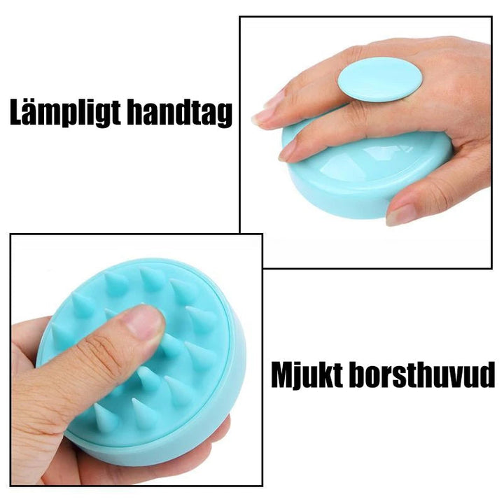 "Hårbottenborste med silikonmassage, blå färg, exfolierar och rengör hårbotten, passande för alla hårtyper."