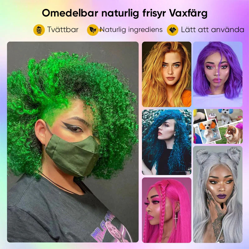 "Hårfärgsvax med livfulla färger för kreativ styling, naturliga ingredienser och enkel applicering hemma."