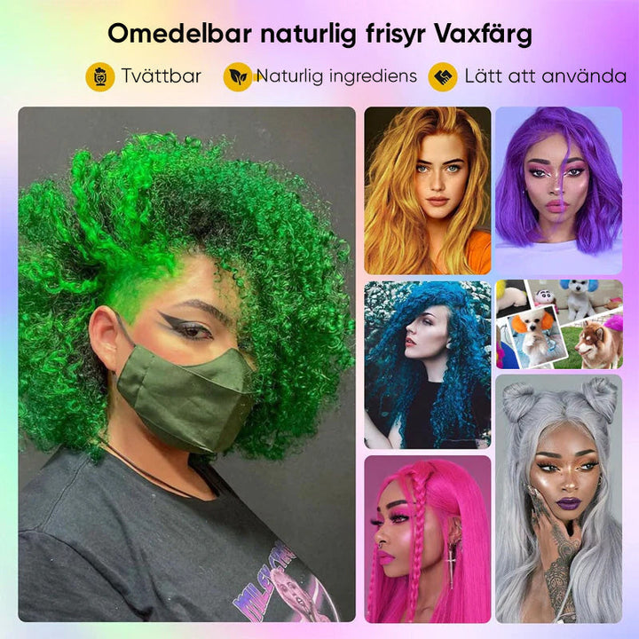 "Hårfärgsvax med livfulla färger för kreativ styling, naturliga ingredienser och enkel applicering hemma."