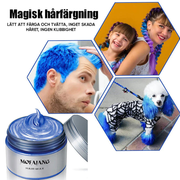 "Hårfärgsvax med livfulla färger för kreativ styling, naturliga ingredienser och enkel applicering hemma."