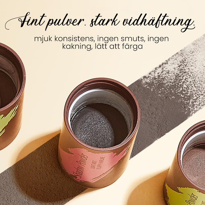 "Hårlinjekonturering skuggpulver, svart och brun, fylligt och naturligt resultat för volym och täckning, beauty product."