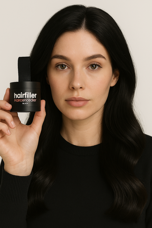 "Hårpulver för perfekt hår, alla hårtyper, flera färger, litet cirkulärt puder på röd bakgrund."