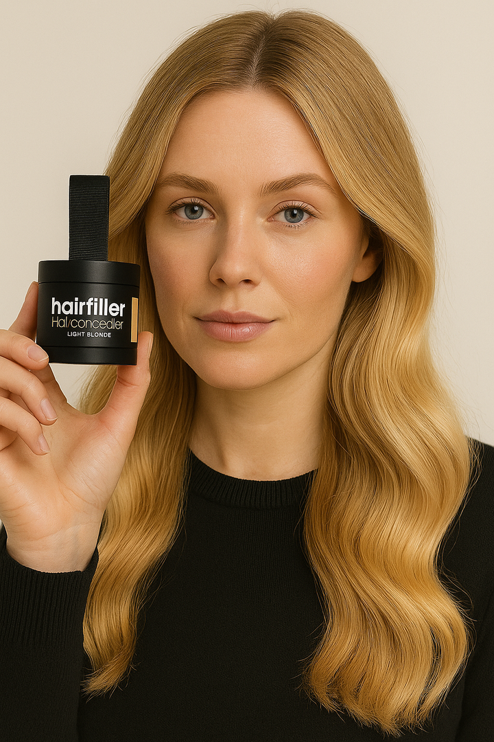 "Hårpulver för perfekt hår, alla hårtyper, flera färger, litet cirkulärt puder på röd bakgrund."