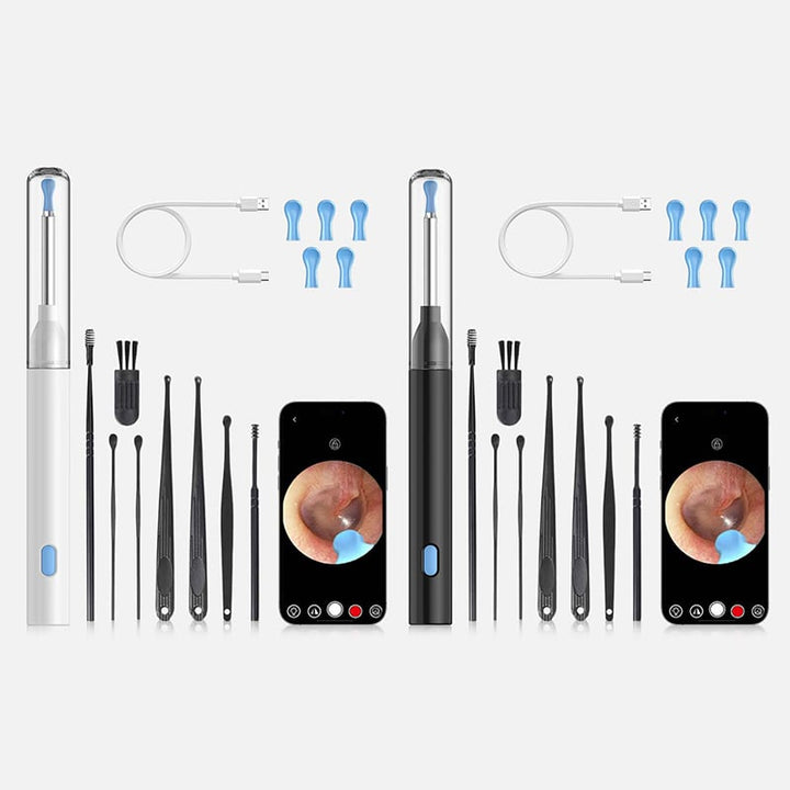 "HD-Kamera öronrengöringskit med LED-lampor för säker rengöring, ergonomisk design, högupplösta bilder i hörselgången."