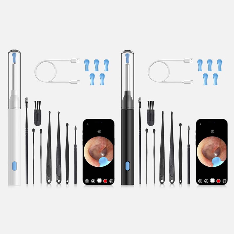 "HD-Kamera öronrengöringskit med LED-lampor för säker rengöring, ergonomisk design, högupplösta bilder i hörselgången."