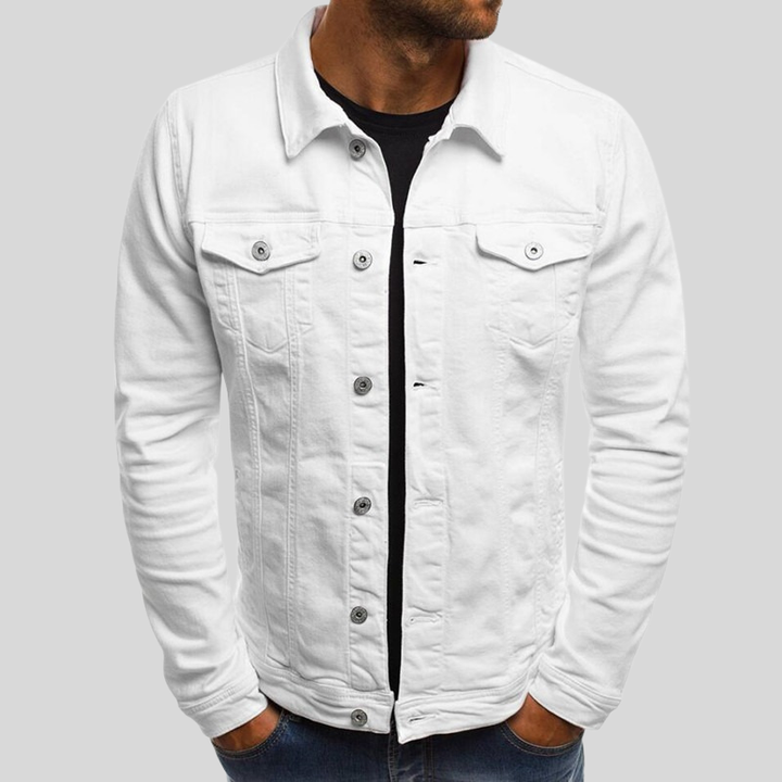 "Herr jeansjacka slim fit, framifrån, med praktiska bröstfickor, mångsidig design i klassisk blå denim."