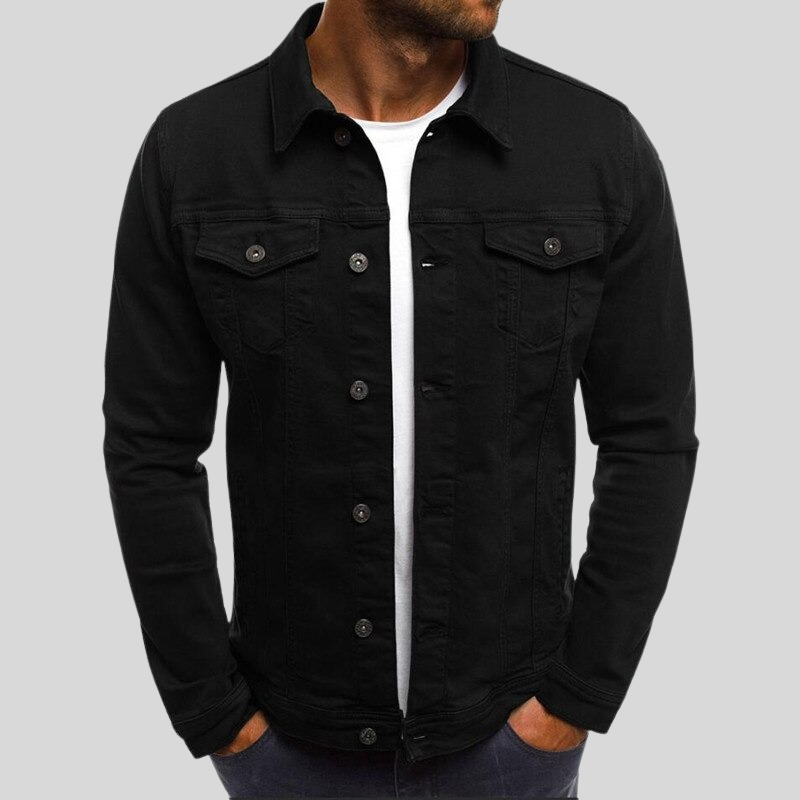 "Herr jeansjacka slim fit, framifrån, med praktiska bröstfickor, mångsidig design i klassisk blå denim."