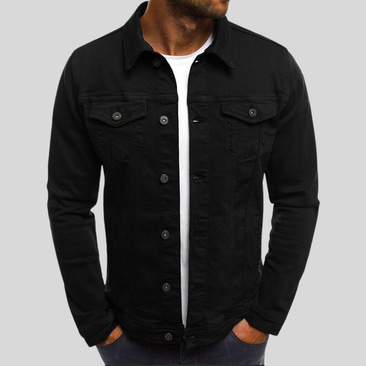 "Herr jeansjacka slim fit, framifrån, med praktiska bröstfickor, mångsidig design i klassisk blå denim."