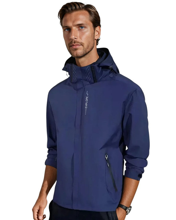 Herr lättvikts regnjacka, blå, vattentät och packbar för vandring