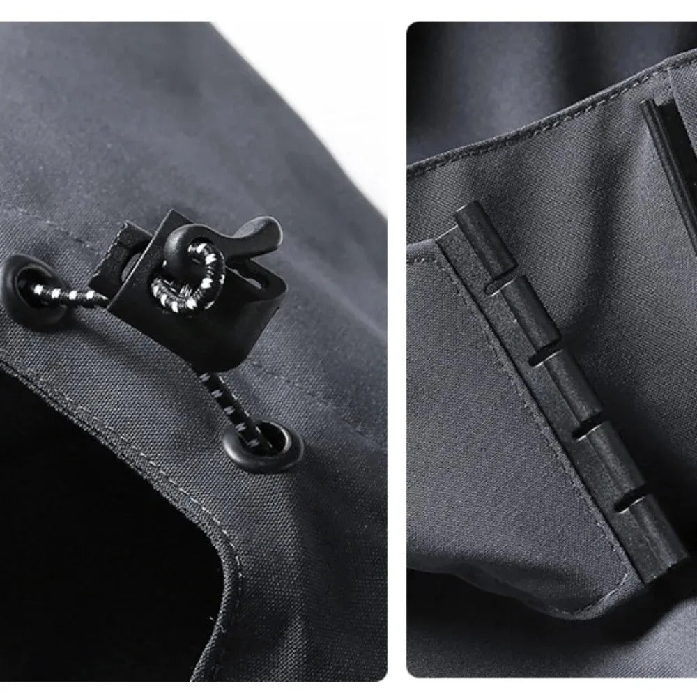 Närbild på vattentätt tyg av lättvikts regnjacka för män, detalj