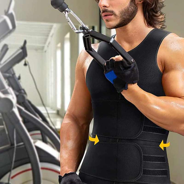 Herr neopren bastuväst med dragkedja och midjeband, svart design, förbättrar hållning och maximerar kaloriförbränning.