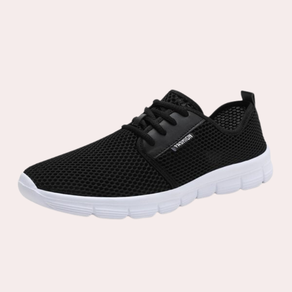 "Herr sneakers med lättvikt och snörning, framifrån, syntetiskt läder och textil, stötdämpande, sportig stil."