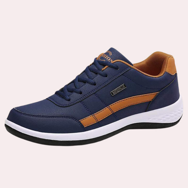 "Herr sneakers med lättvikt och snörning, framifrån, syntetiskt läder och textil, stötdämpande, sportig stil."