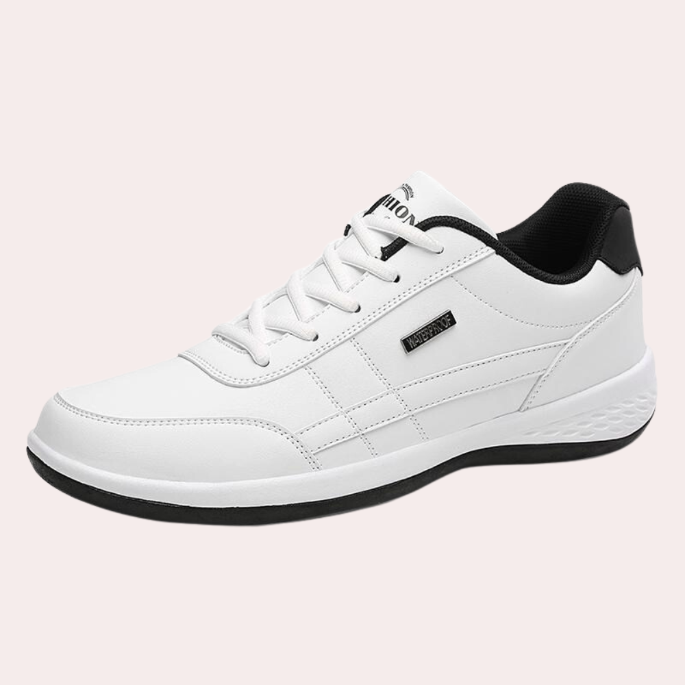"Herr sneakers med lättvikt och snörning, framifrån, syntetiskt läder och textil, stötdämpande, sportig stil."