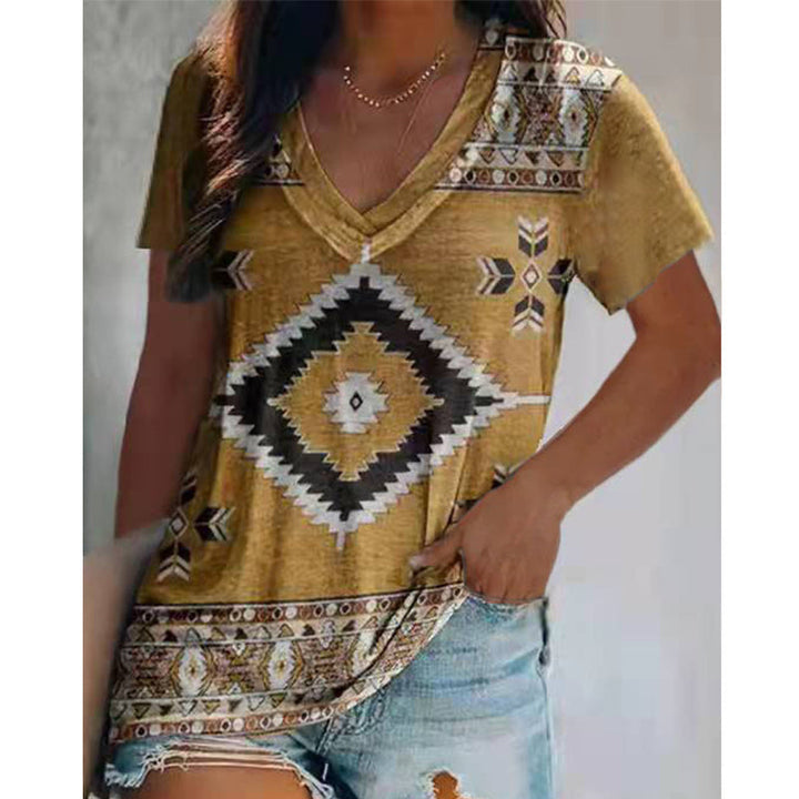"Herr V-ringad kortärmad T-shirt med livfullt retrotryck, stilfulla färger och mjukt material, perfekt för vardagsanvändning"