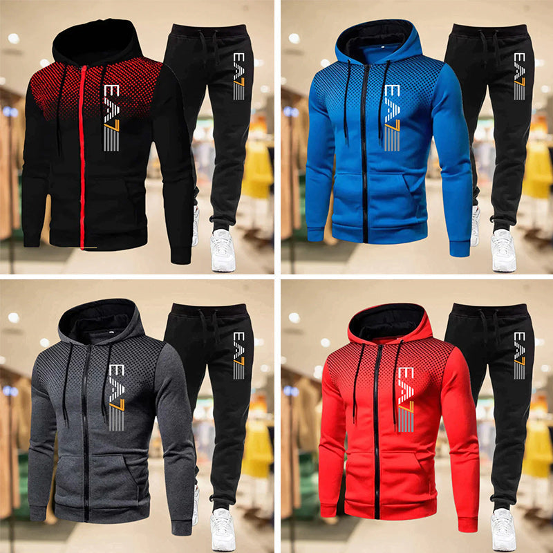 "Herr zip-up hoodie och sweatpants set i sportig design, grå med dragkedja och fickor, perfekt för avslappnad stil."