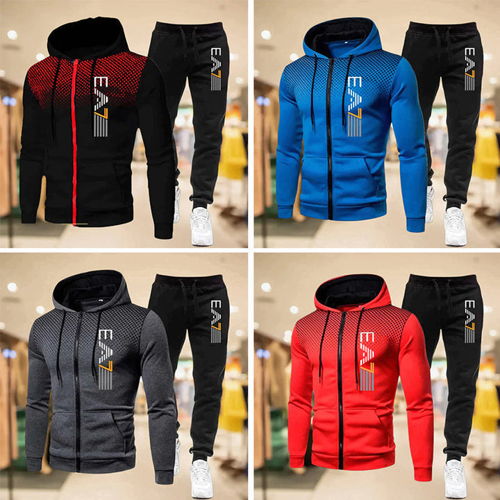 "Herr zip-up hoodie och sweatpants set i sportig design, grå med dragkedja och fickor, perfekt för avslappnad stil."