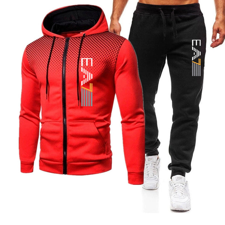 "Herr zip-up hoodie och sweatpants set i sportig design, grå med dragkedja och fickor, perfekt för avslappnad stil."