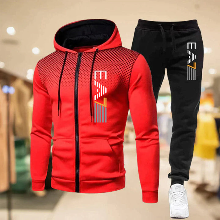 "Herr zip-up hoodie och sweatpants set i sportig design, grå med dragkedja och fickor, perfekt för avslappnad stil."