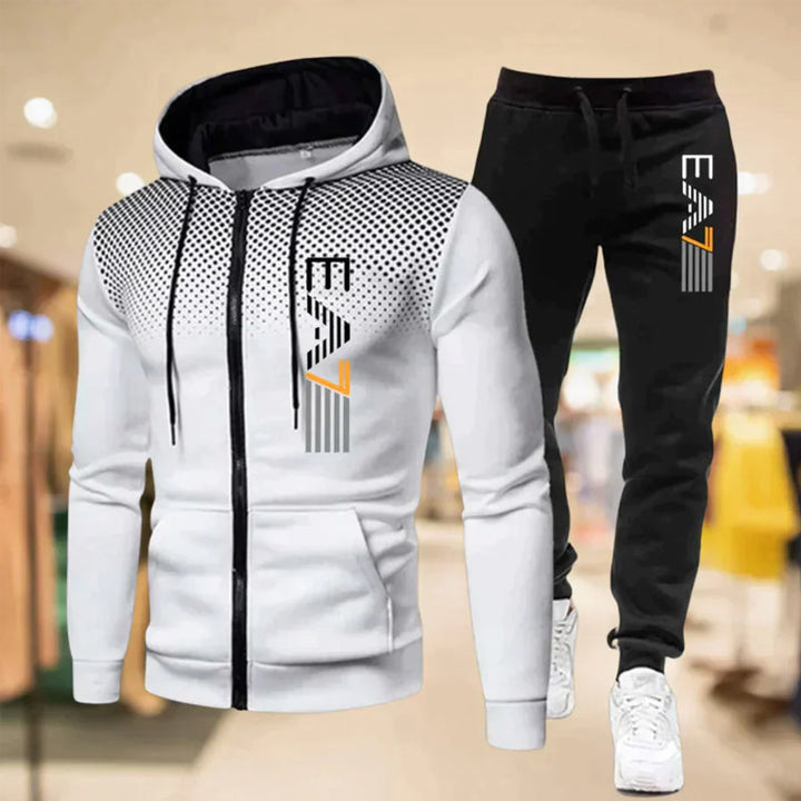 "Herr zip-up hoodie och sweatpants set i sportig design, grå med dragkedja och fickor, perfekt för avslappnad stil."