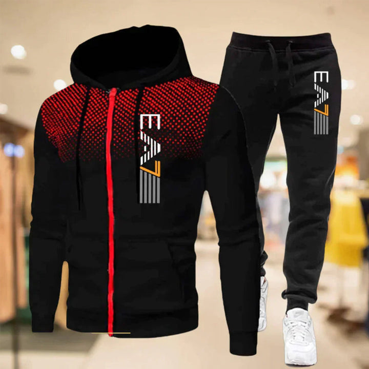 "Herr zip-up hoodie och sweatpants set i sportig design, grå med dragkedja och fickor, perfekt för avslappnad stil."