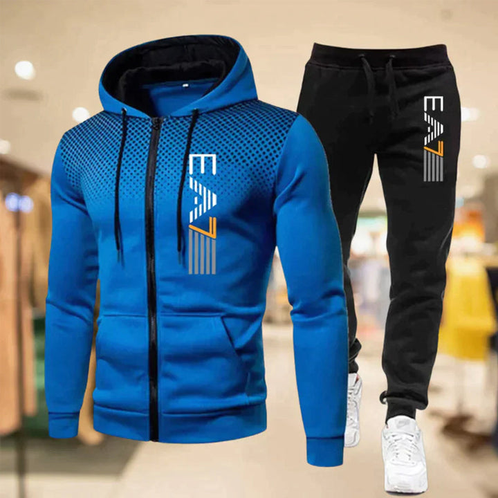 "Herr zip-up hoodie och sweatpants set i sportig design, grå med dragkedja och fickor, perfekt för avslappnad stil."