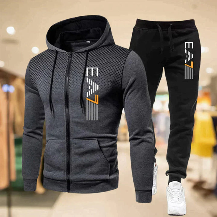 "Herr zip-up hoodie och sweatpants set i sportig design, grå med dragkedja och fickor, perfekt för avslappnad stil."