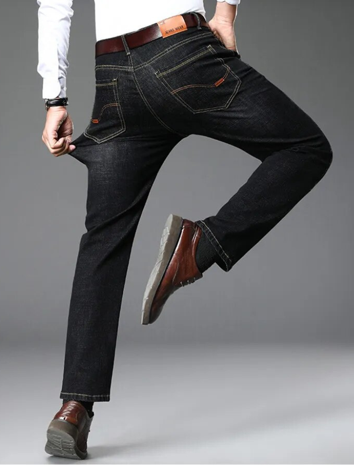 "Herrjeans med stretch och bomull, modern design, flera fickor, trendig passform, idealisk för både vardag och formella tillf