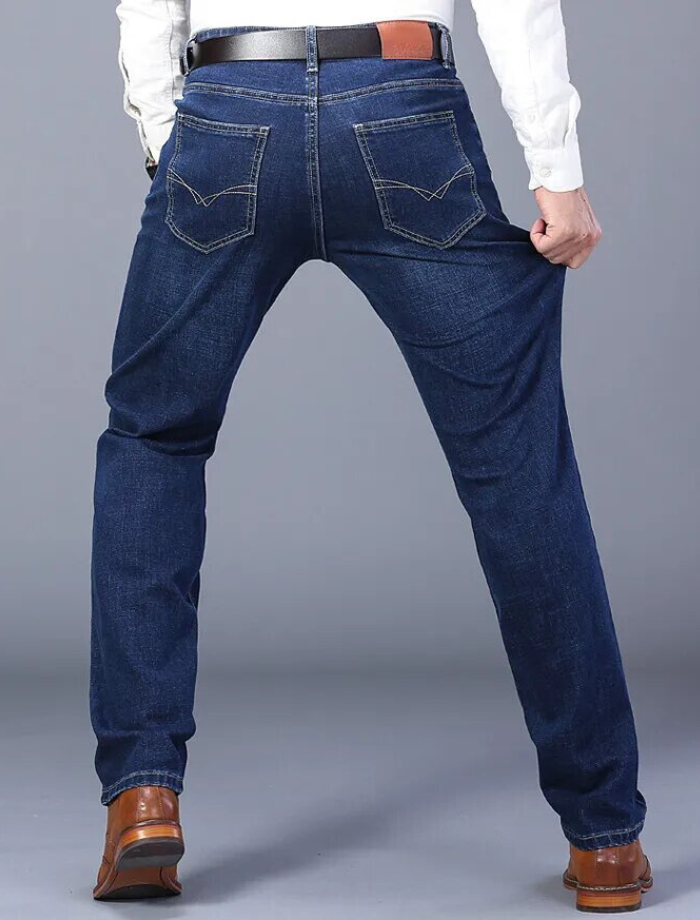 "Herrjeans med stretch och bomull, modern design, flera fickor, trendig passform, idealisk för både vardag och formella tillf