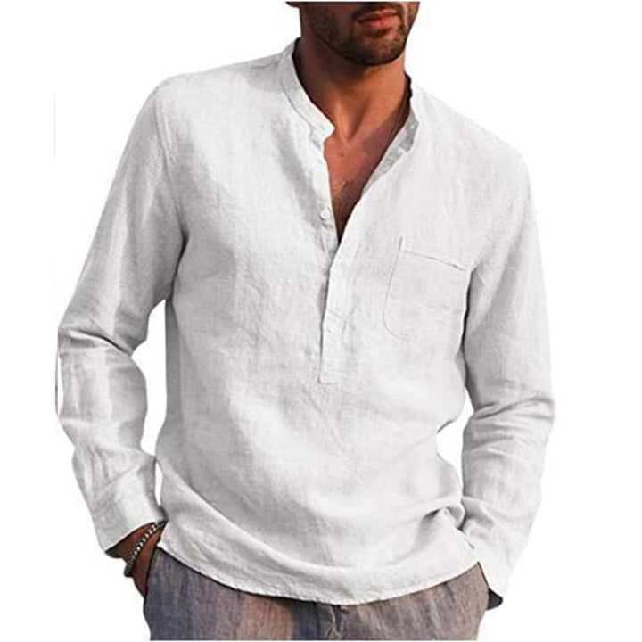 "Herrskjorta av linneblandning med mandarin krage och lång ärm, casual stil. Idealisk för vardag och semiformella tillfällen.