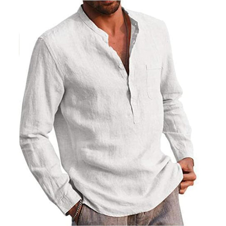 "Herrskjorta av linneblandning med mandarin krage och lång ärm, casual stil. Idealisk för vardag och semiformella tillfällen.