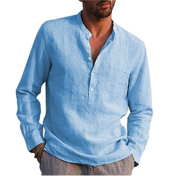 "Herrskjorta av linneblandning med mandarin krage och lång ärm, casual stil. Idealisk för vardag och semiformella tillfällen.