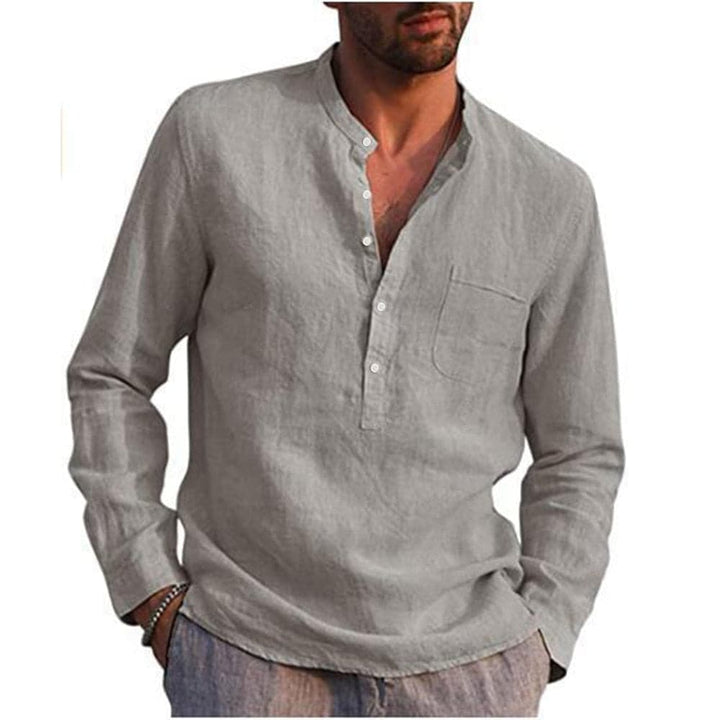 "Herrskjorta av linneblandning med mandarin krage och lång ärm, casual stil. Idealisk för vardag och semiformella tillfällen.