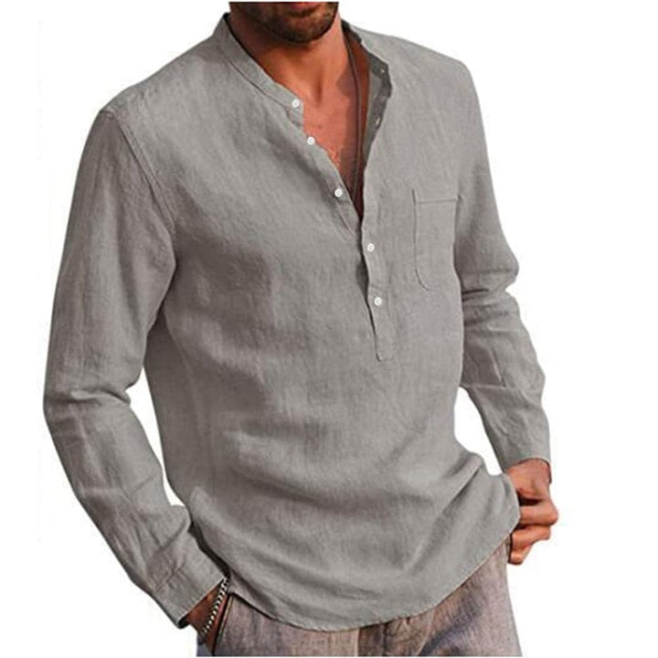 "Herrskjorta av linneblandning med mandarin krage och lång ärm, casual stil. Idealisk för vardag och semiformella tillfällen.