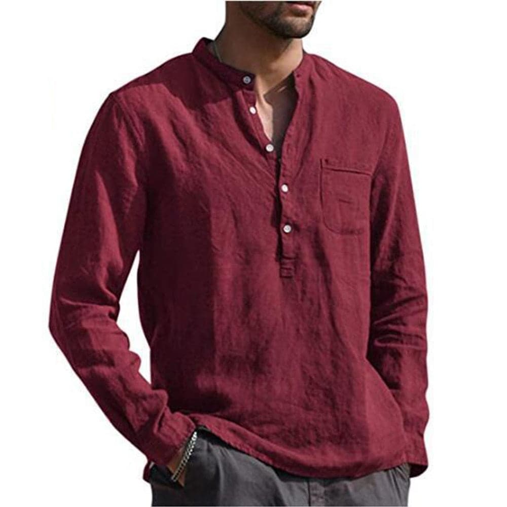 "Herrskjorta av linneblandning med mandarin krage och lång ärm, casual stil. Idealisk för vardag och semiformella tillfällen.