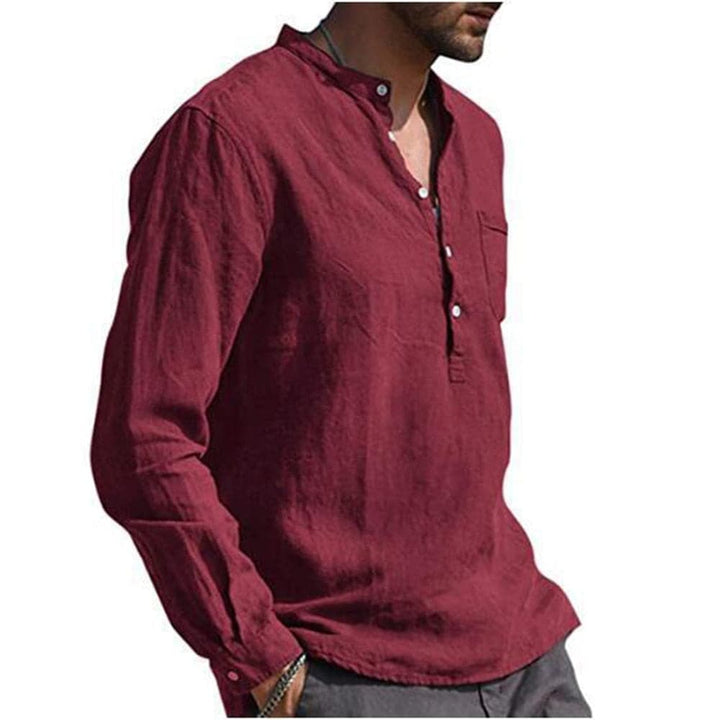 "Herrskjorta av linneblandning med mandarin krage och lång ärm, casual stil. Idealisk för vardag och semiformella tillfällen.