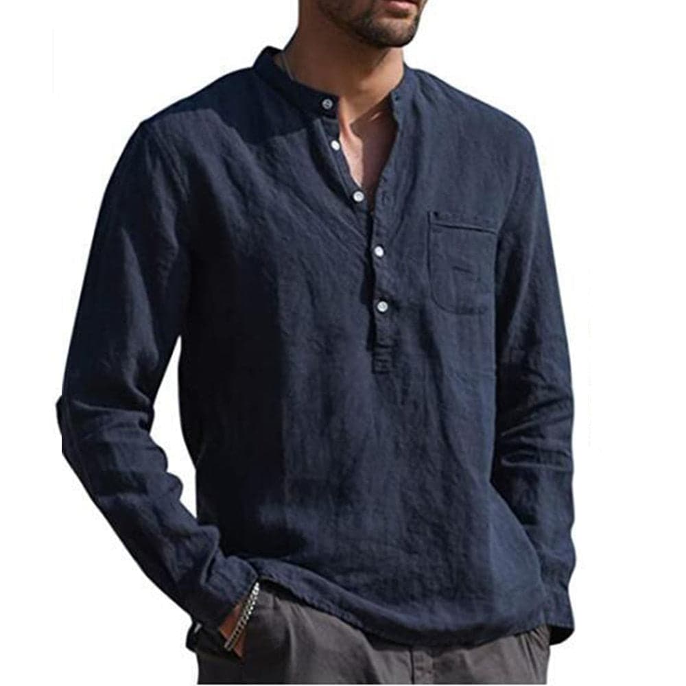 "Herrskjorta av linneblandning med mandarin krage och lång ärm, casual stil. Idealisk för vardag och semiformella tillfällen.